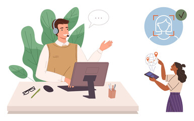 Male call center agent with headset at desk, talking and gesturing. Woman examines data on tablet with global map pins, facial authentication concept, modern technology. Ideal for customer support