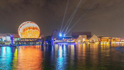 Panorama showing Riyadh Boulevard World entertainment park with largest artificial lake timelapse. Riyadh. Saudi Arabia