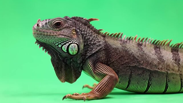 Close-up Profile of a Green Iguana Reptile on a Bright Green Studio Background