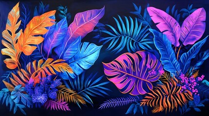Neon tropical jungle with vibrant foliage on dark background.
