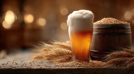 Glass of beer with foam and barley grains on wooden surface