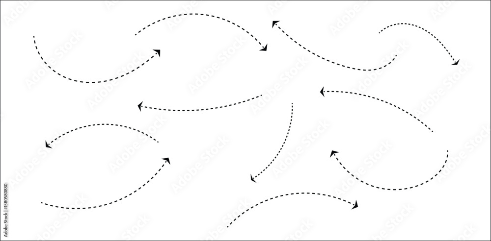 Poster black hand-drawn dotted curved arrows on transparent background – minimal sketch arrows with smooth 