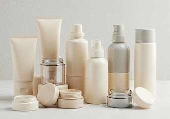 Reusable Cosmetic Bottles on Soft Beige Backdrop