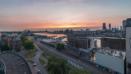 Obraz premium Aerial panoramic view over Maashaven day to night timelapse in Rotterdam.