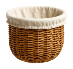 Round wicker basket with a cotton liner, used for storing underwear in a rustic-style bedroom.