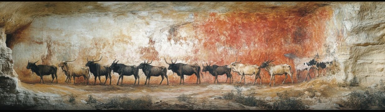 Ancient Cave Painting of Herd of Bison in Lascaux Cave France