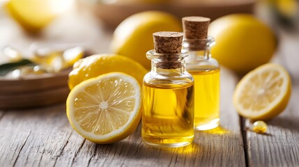 Two Glass Bottles Lemon Essential Oil Yellow Lemons Wooden Table