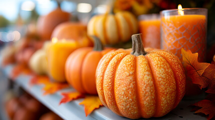 A shop window with pumpkins on Thanksgiving and Halloween.