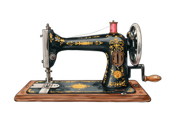Vintage Sewing Machine Illustration With Antique Style Craft Equipment