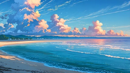 bright summer beach with pastel clouds and calm waves anime style image