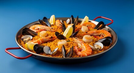 Delicious seafood paella on a blue backdrop