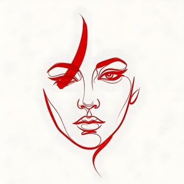 Abstract Red Line Art Female Face, Minimalist Portrait, Modern Woman Illustration