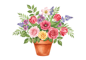 Watercolor Floral Bouquet Illustration with Roses and Tulips in Vase