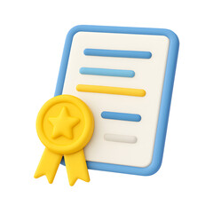 3D award certificate icon with yellow star medal and colorful horizontal lines isolated on transparent background