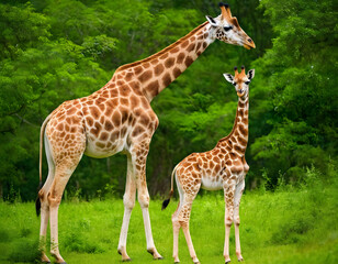 A giraffe with her baby in a beautiful green forest.