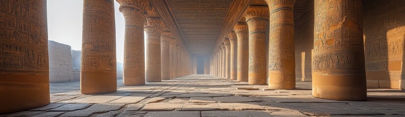 Ancient Egyptian Temple Interior with Massive Columns and Hieroglyphs