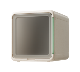 A compact, stackable shoe storage box made from recycled materials for eco-friendly shoe organization in an urban flat.