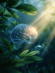 Fototapeta premium Glowing Brain Illuminated by Sunrays and Surrounded by Lush Leaves Symbolizes Awareness for Mental Health Month