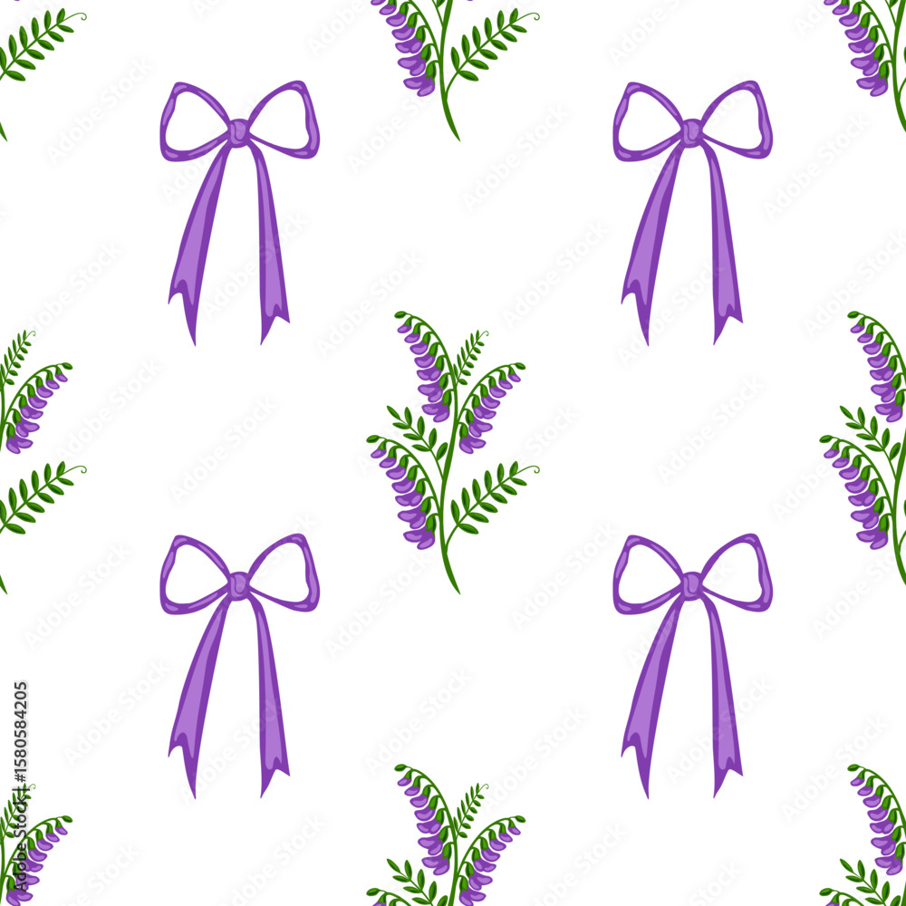 Poster seamless vector pattern featuring charming purple tufted vetch flowers and elegant bows, creating a 
