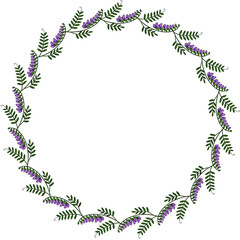 Obraz premium Elegant vector circular frame design featuring a delicate arrangement of purple tufted vetch flowers and green leaves, perfect for invitations, cards, or decorative elements.