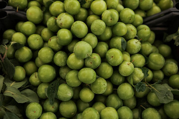 Fresh green plums stacked high at a market stall in the afternoon light