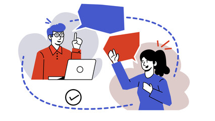 Flat Character Communication. Man and Woman in Video Call, Chat, Messaging, and Email Interaction