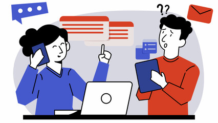 Flat Character Communication. Man and Woman in Video Call, Chat, Messaging, and Email Interaction