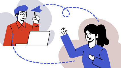 Flat Character Communication. Man and Woman in Video Call, Chat, Messaging, and Email Interaction