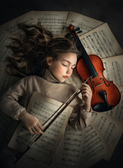 Girl playing violin. Portrait girl and violin. Musical notes. © OxanaMama
