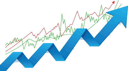 Naklejka premium Blue arrow shows upward trend with red and green line graphs.