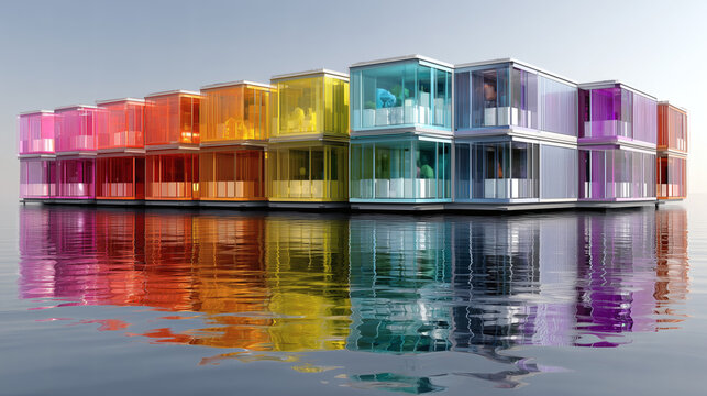 Edificio moderno con oficinas multicolores reflejado en el agua