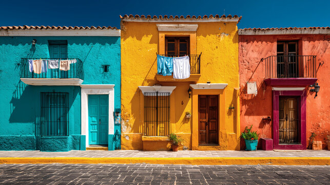 Fachadas coloridas de casas coloniales en calle soleada