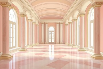 Grand hall with large windows in palace or castle, surrounded by lush greenery