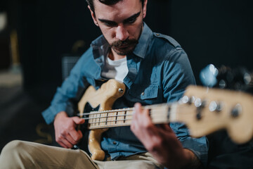 A close-up view of a musician focusing and playing the bass guitar in a studio setting during a performance or practice session.