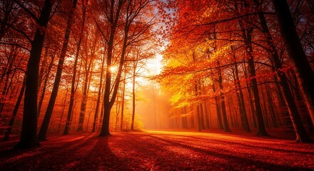 Autumn forest ablaze in fiery light
