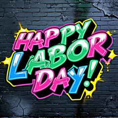 Happy Labor Day graffiti text with colorful letters on black brick wall background. 