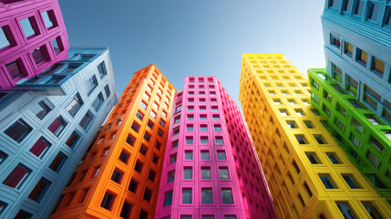 Edificios modernos de colores vibrantes bajo cielo azul