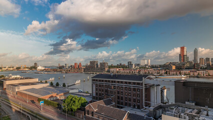 Aerial timelapse view over Maashaven with Katendrecht and Maas River. Netherlands