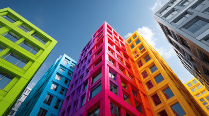 Edificios modernos de colores vibrantes bajo cielo azul