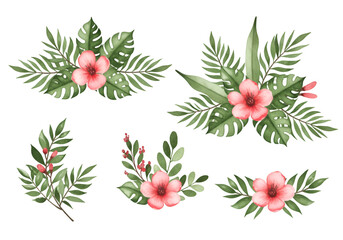 Watercolor Tropical Floral Design with Pink Flowers and Green Leaves