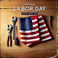 Labor Day celebration with tools and American flag on rustic wooden background. 