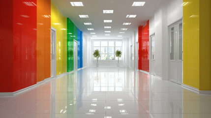 Pasillo moderno con puertas de colores y piso brillante