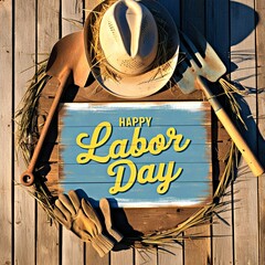 Rustic Labor Day greeting with tools, gloves, and cowboy hat on wooden deck. 
