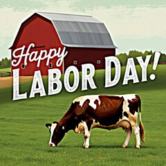 Happy Labor Day greeting with cow in rural farm field background scene. 