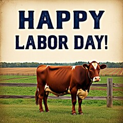 Happy Labor Day greeting with cow in rural farm field background scene. 