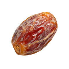 Close up of a single dried date fruit with wrinkled skin and a stem isolated on a transparent background