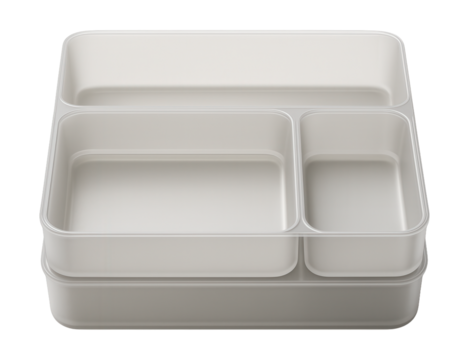 Stackable drawer organizer trays in various sizes, suitable for a home office desk to sort stationery and office supplies.