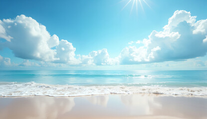 Obraz premium Sunny Beach Scene with Calm Ocean and Fluffy Clouds