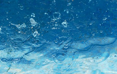 Clear blue water splash with bubbles summer background
