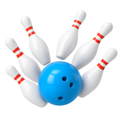 3D blue bowling ball icon with seven white pins and red stripes in motion, isolated on transparent background